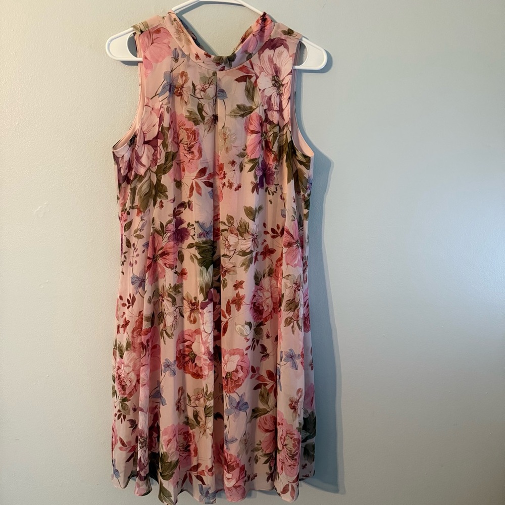 Signature by Robbie Bee Dress Women 8 Pink Floral Bow Back Mock Neck Lined Flowy